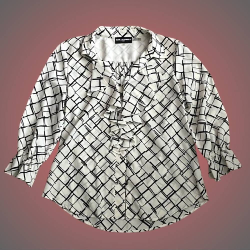 Karl Lagerfeld Paris ruffled windowpane buttonfront blouse sz Small